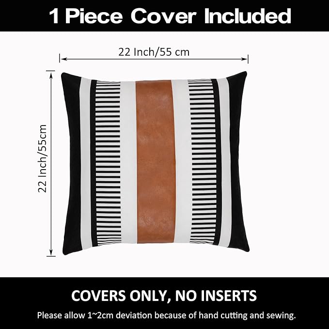 Black White Boho Pillow Cover with Leather Modern Couch Cushion Cover 22x22 inch Farmhouse Stripe Pillowcase for Couch Bed, Black
