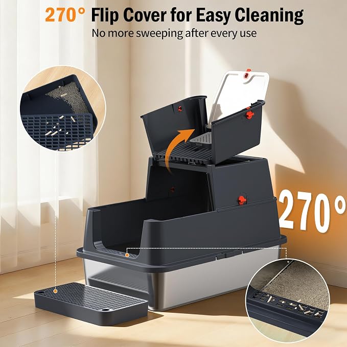 Stainless Steel Litter Box with Lid, Enclosed Metal Litter Box, Extra Large Kitty Litter Pan Covered with Scoop & Pedal, Odor Control, Odor Free, Front & Flip-Top Entry, Black