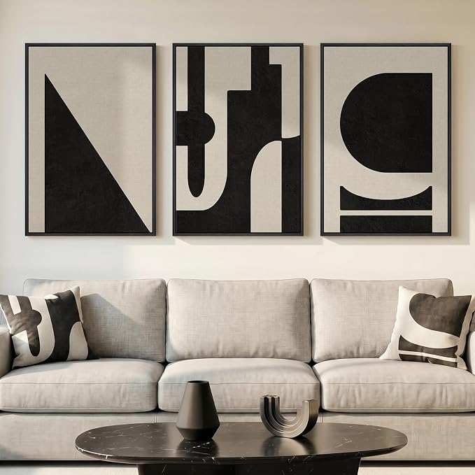 Large Framed Neutral Abstract Geometric Wall Art Set, 3 Piece Modern Minimalist Artwork for Walls, Black and Beige Canvas Prints Pictures Wall Decor for Living Room Bedroom Dining Room Office 24x36 In