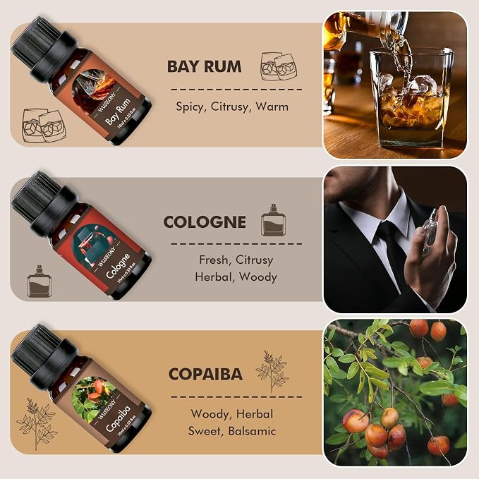 WUSEONY Classic Man Fragrance Oils Set, Mens Essential Oils Set - Pine, Sweet Tobacco, Bay Rum, Cologne, Copaiba, Sandalwood Candle Scents for Candle Making, Soap Making Supplies, Diffuser Oil Scents