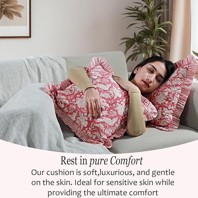 CPC Pink Coral Ruffle Throw Pillow Covers for Couch, 18x18 Inch Cotton Stripe Ruffle Couch Pillows for Living Room, Hidden 14 Inch Zipper Boho Pillow Case or Cute Outdoor Pillows