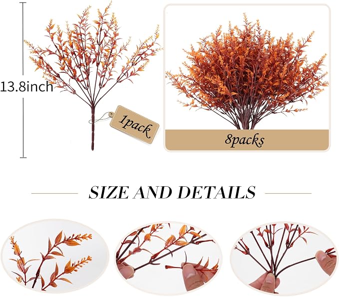 RECUTMS Outdoor Faux Plant Fall Fake Plant UV Resistant Artificial Greenery | 8Packs,Autumn Decor,Artificial Brown Plastic Flowers Indoor Fake Outside Flowers for Balcony Window Garden Thanksgiving Decor