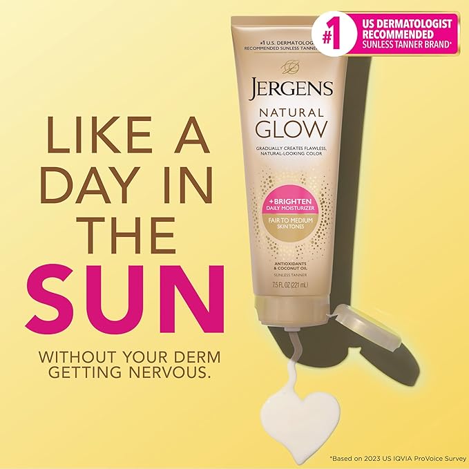 Jergens Natural Glow Self Tanner Body Lotion, Sunless Tanning, Fair to Medium Skin Tone, Daily Moisturizer with Coconut Oil, Vitamin E and Antioxidants, 7.5 Oz, Pack of 2