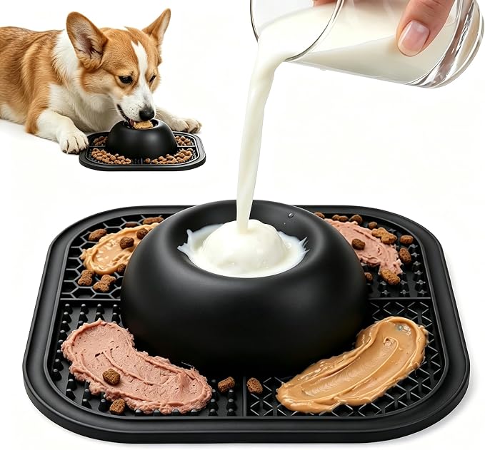 Slow Eating Dog Bowls & Lick Pad for Liquid & Creamy Snacks, Non-Slip Pet Lick Bowl with Interactive Rolling Ball, 5/6 Cup Puppy Lick Toy for Small Medium Large Dogs & Cats (Black)