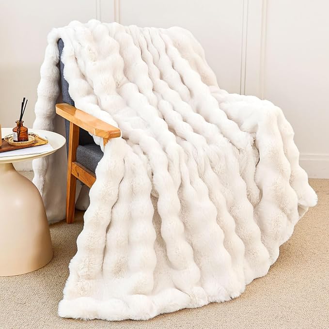 Faux Rabbit Fur Throw Blanket for Couch Gifts for Women 60"x80" Cream White | Cozy Reversible Fluffy Throw, Luxury Plush Thick Bubble Blanket, Mothers Gifts for Women, Soft Warm for Bed, Home Decor