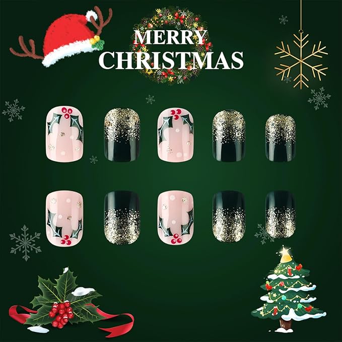 Gold Glitter Green Christmas Press on Nails Short Square Xmas False Nails Glossy Winter Christmas Glue on Nails Full Cover Acrylic Fake Nails for Women Girls