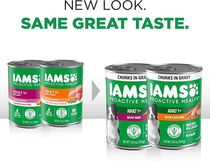 IAMS Proactive Health Pack Wet Dog Food, Beef & Chicken, 13 oz, 12 Pack | Chunks in Gravy, Omega 6 Fatty Acids, supports healthy skin, muscles & digestion, 13 oz. Cans, no artificial flavors