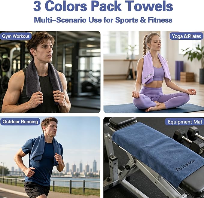 BOBOR Gym Towels for Men and Women, 3 Pack 15 x 30 Inch Microfiber Workout Towels, 400 GSM Quick Dry Sweat Towels with Center Hanging Loop, Soft Absorbent Sports Towels for Yoga, Running, Swimming