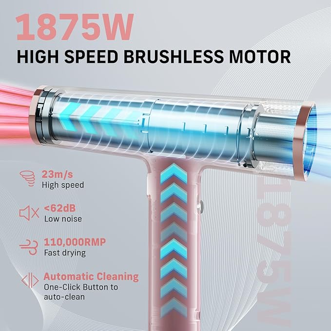 Quico Hair Dryers for Women, 7X Faster BLDC Motor, Quiet 1875W 110,000 RPM 2 Billion Negative Ionic Salon Blow Dryer with Diffuser, Adjustable Temp & Speed, Portable Hair Dryer for Home Travel, Pink