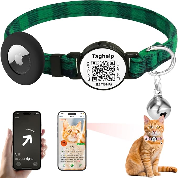 Grid Cloth Breakaway Cat Collar with Smart ID tag with AirTag Holder and Bell, Light, Adjustable,AirTag, Integrated Air Tag Cat Collar for Apple.Tracker for Girl Boy Cats Kittens(Green)