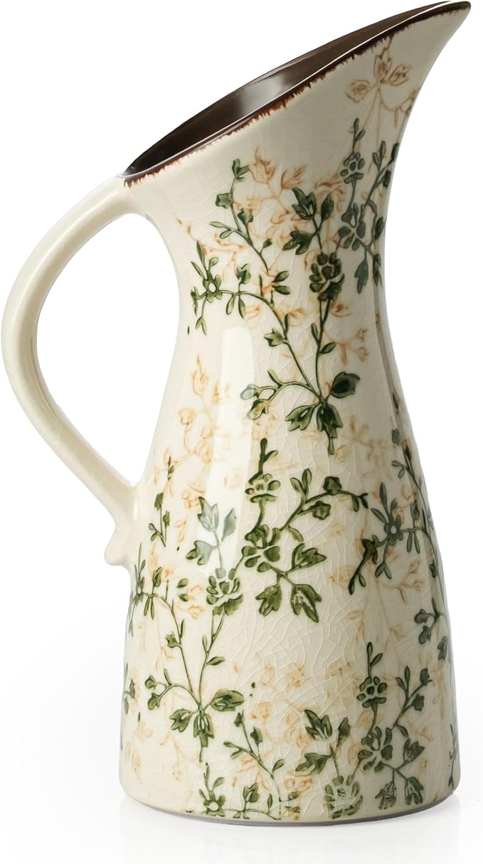 Ceramic Flower Vase for Home Decor, Vintage Green Pitcher Vase 10.5 Inch | Rustic Farmhouse Floral Vase for Wedding Centerpiece, Coffee Table, Living Room, Kitchen, Mantel, Bookshelf, Entryway