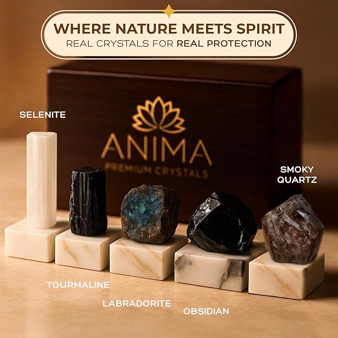 Anima Premium Protection Healing Crystals Set for Energy Shielding - Large Raw Obsidian, Black Tourmaline, Labradorite, Smoky Quartz & Selenite Bar - Wooden Gift Box and Guide Booklet Included