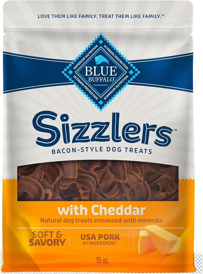 Blue Buffalo Sizzlers Pork & Cheddar Bacon-Style Dog Treats, 15 oz | Real USA Pork First, Real Cheddar Cheese, Soft-Moist Texture, No Chicken By-Product, Corn, Wheat, or Soy