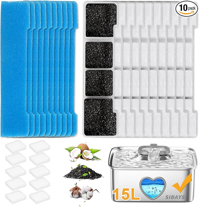 SIBAYS Dog Water Fountain Filter Replacement for 4Gal/15L Pet Fountain Filters, Made of Activated Carbon and PP Cotton, 10 Pet Water Fountain Filters, 10 Pre-Filter Sponges with 10 Pump Sponges L05