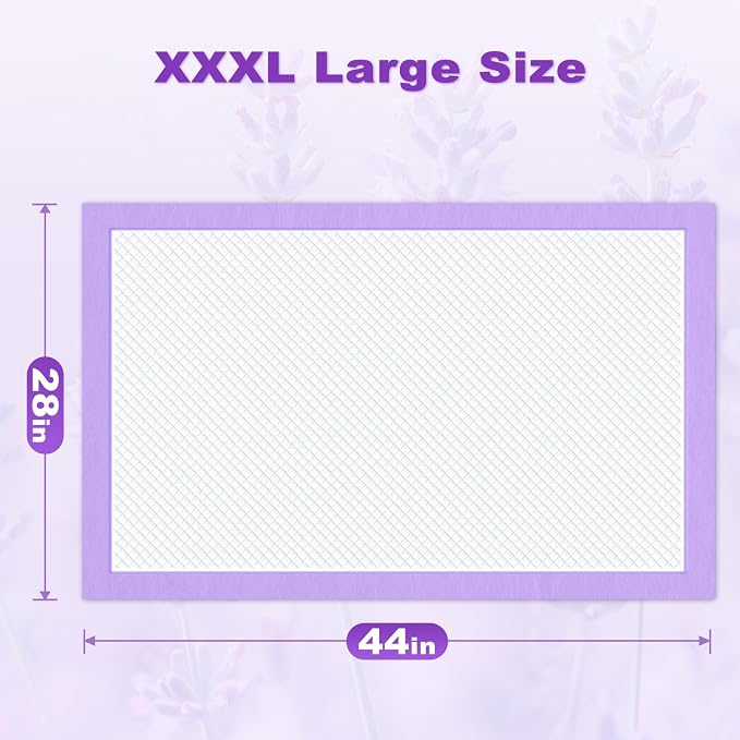 MIZOK Dog Pee Pads Wee Wee Pads Lavender Odor Control XXL 28x44in 30Ct | Purple Doggy Pads with Sticky Adhesive Tabs Bring Soothing Comfort to Your Home for Medium to Large Breed Puppies