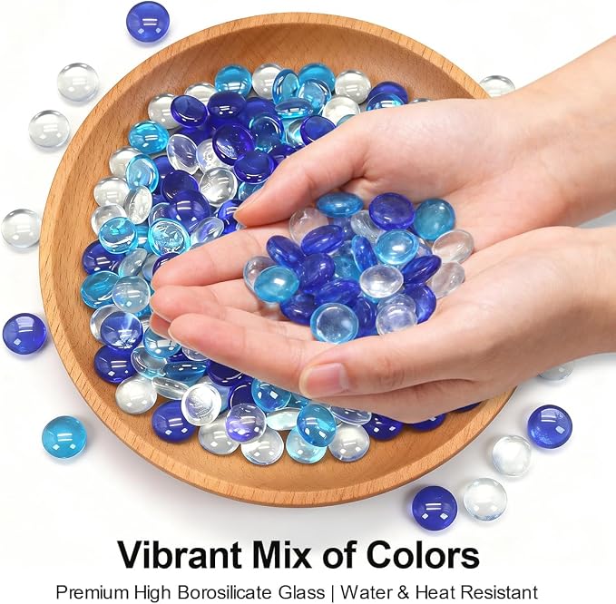 Mini Glass Gems Flat Bottom Marble Beads for Vase Aquarium Fish Tank | Mixed Color Decorative Glass Stones Vase Filler For Planter Crafts Home Art Decoration (1 Pound)