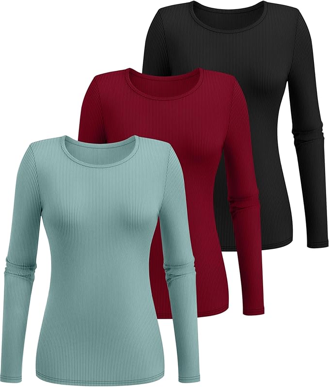 Ficerd 3 Pack Women's Ribbed Long Sleeve Tops, Crew Neck Slim Fit Undershirts Knit Basic Casual Stretch Layering Tee Shirts