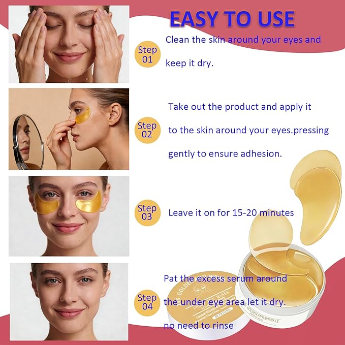 Collagen Under Eye Patches, Hydrating Hyaluronic Acid Eye Masks for Dark Circles & Puffiness, Anti-Aging Under Eye Gel Pads with Gold & Soothing Botanicals for Women Men All Skin Types, 60 Pairs