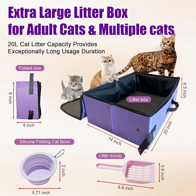 Large Portable Cat Travel Litter Box with Lid,Silicone Folding Bowl & Little Scooper, Leak-Proof and Foldable Travel Cat Litter Box for Hotels, Car and Camping, Odor-Free & Waterproof, 20x14x6.5''