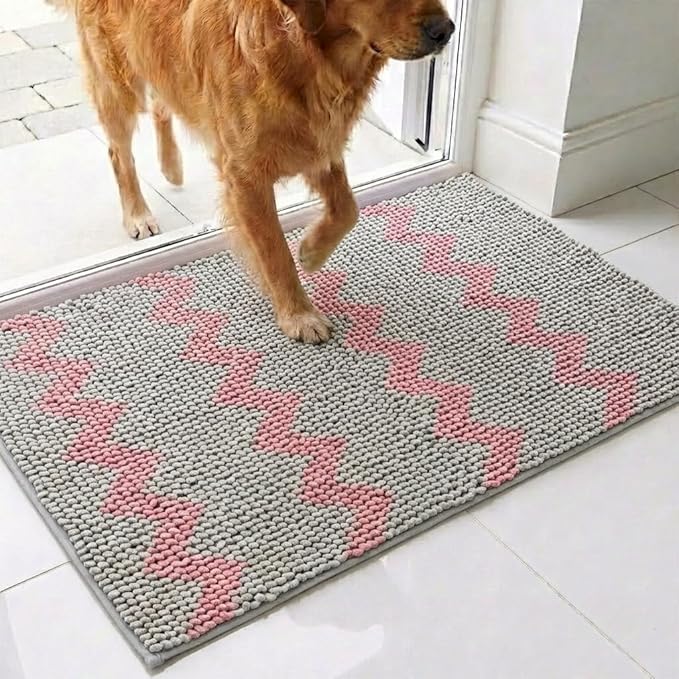 Muddy Mat® Super Absorbent Loop-Thread Chenille Dog Door Mat for Muddy Paws – Non-Slip, Machine Washable Indoor Entry Rug, Quick-Dry Pet Mat for Entryway – Pink Chevron 19"x30"