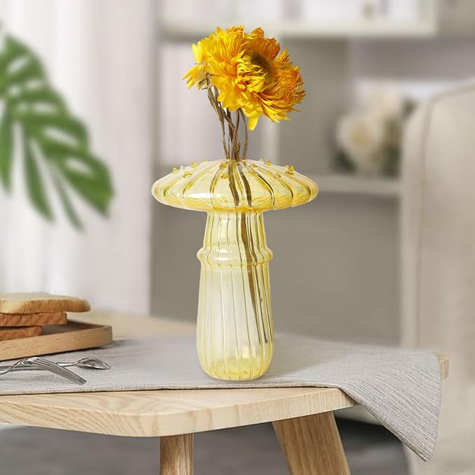 Mushroom Shaped Glass Vase, Planters Clear Hydroponic Vase, Flowers Plants for Decorative Centerpiece,Table Decor,Home Wedding Party (Yellow)