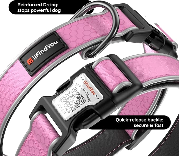 Personalized Dog Collar with QR Code Dog Tag, Oxford Pink S | Anti-lost, Oxford, reflective, padded, XS-L(8"-24"), QR buckle shares lost pet profile, location alerts when scanned, No Fees