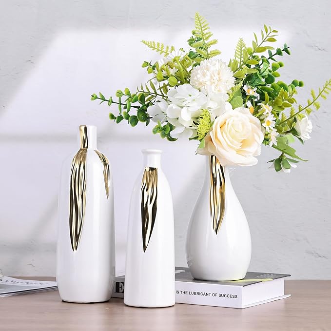 White and Gold Vase Set of 3, Modern Ceramic Decorative Vases for Living Room, Bedroom, Art Decor, Mantle, Home Event Decor, Office Decorative, Weddings, Rustic & Farmhouse (White Gold)