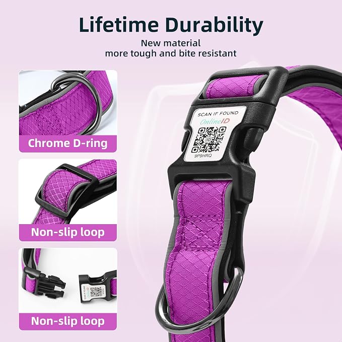 Reflective Dog Collar for Large Dogs,Personalized Dog Collar with Online Profile, Soft Neoprene Padded,Anti-Lose Function with QR Code Tag System, (Purple, M (12.6"-19.6"))