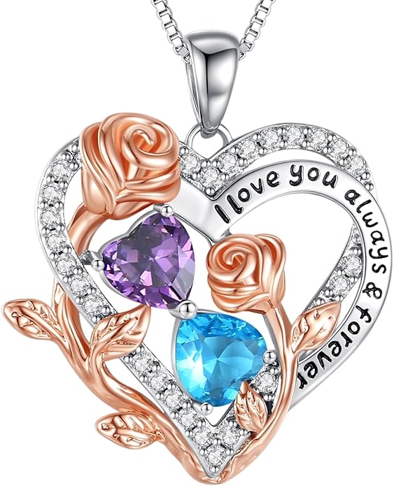 I Love You Birthstone Necklace, 925 Sterling Silver Heart Pendant with CZ Diamond Stones, Birthday Gifts for Women, Romantic Gift for Wife, Girlfriend, Her, Anniversary, Valentine's Day, Christmas