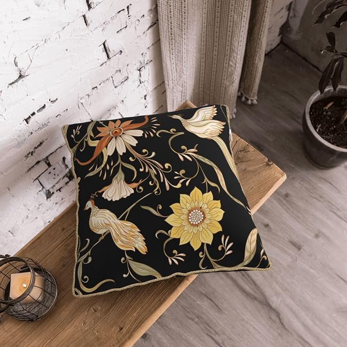 Flowers Birds Velvet Pillow Covers 18x18 Inch Vintage Floral Black Throw Pillows for Couch Farmhouse Cushion Covers Pillowcase Retro Rustic Pillow Cases for Sofa Bed Living Room Outdoor