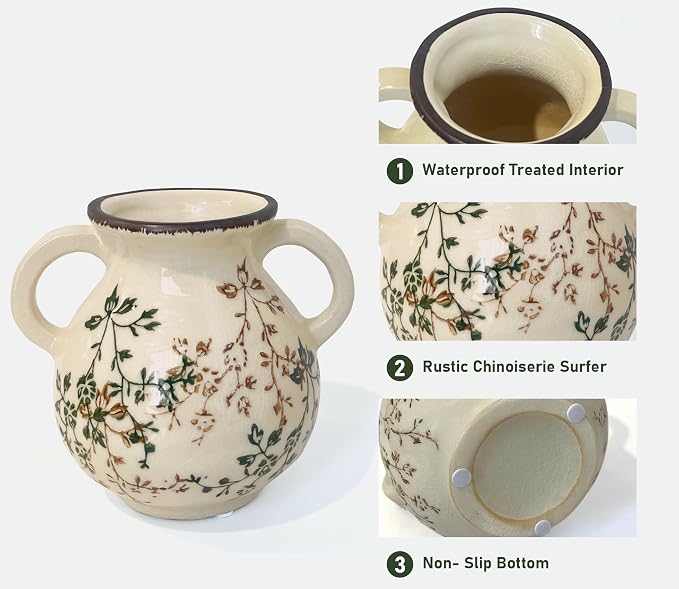 LIFFY Vintage Pastoral Vase with Handles, Retro Ceramic Flower Vase, Green and Beige Rustic Farmhouse Vases Chinoiserie Floral Large Vase for Home Decor, Living Room, Kitchen, Bedroom 6.3 Inch