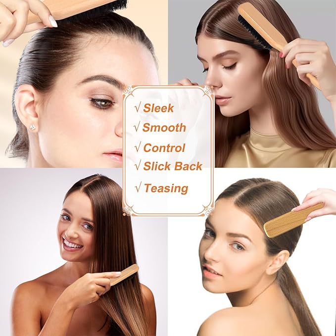 Slick Back Hair Brush & Hair Wax Stick Set for Slick Back – Boar Bristle Hair Brush for Sleek, Control, Flyaways & Baby Hairs – Slick Back Brush for Women, Dancer, Cheer