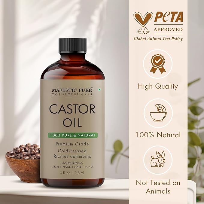 Majestic Pure USDA Organic Castor Oil - 100% Pure & Natural - Premium Grade, Cold Pressed, Hexane Free - Hair, Eyelashes, Eyebrows, Nails - Moisturizing & Nourishing - 4 Fl Oz