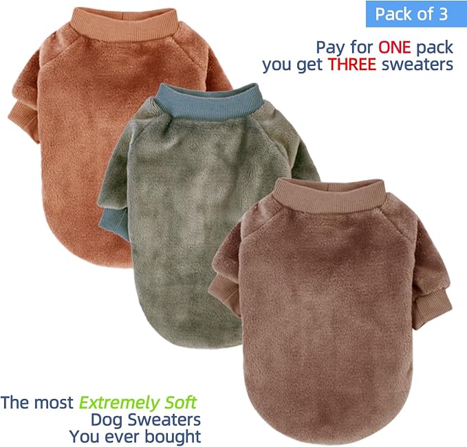 FabriCastle Small Dog Sweaters, 3-Pack Dog & Cat Clothes, Soft and Warm Pet Jackets for Small Dogs Boy & Girl, Winter Pet Apparel Costumes, Puppy Outfits (Camel,Khaki,Olive, Medium)