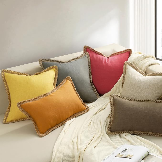 Phantoscope Pack of 2 Farmhouse Decorative Solid Throw Decorative Pillow Cover Burlap Linen Pillow Covers Trimmed Tailored Edges Red 20 x 20 inches, 50 x 50 cm