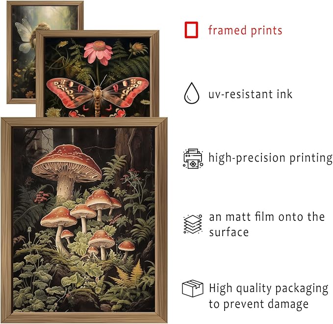 ANERZA 16 PCS Framed Dark Cottagecore Wall Art Decor, Cottage Core Wall Prints for Bedroom, Gallery Wall Frame Set, Fairycore Posters for Living Room Aesthetic, Nature Forest Mushroom Dorm Home Decor