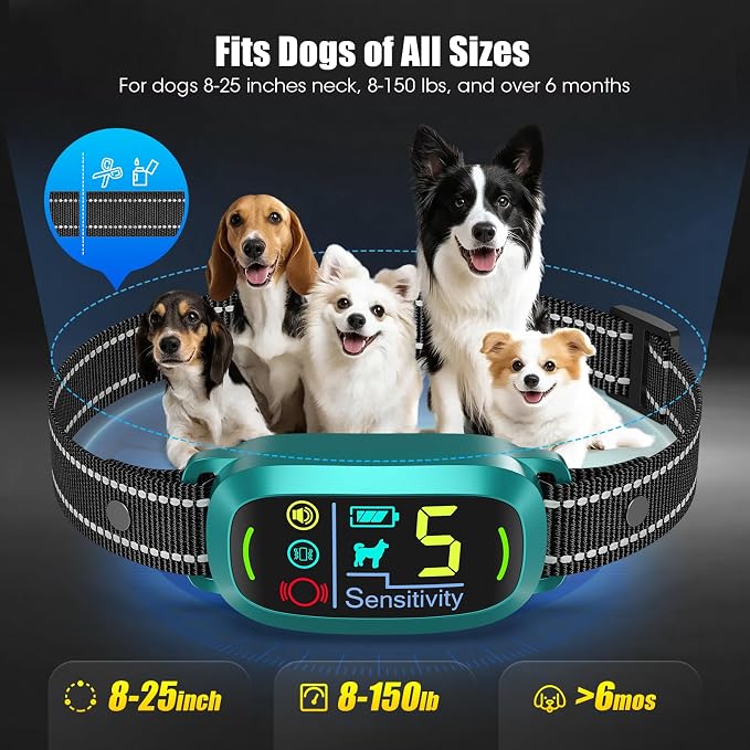 Bark Collar for Small Medium Large Dogs with 5 Training Modes, Teal | AI Bark Recognition, Effective Anti Barking Device with 5 Sensitivity Levels, Rechargeable IP67 Waterproof Anti Bark Collar