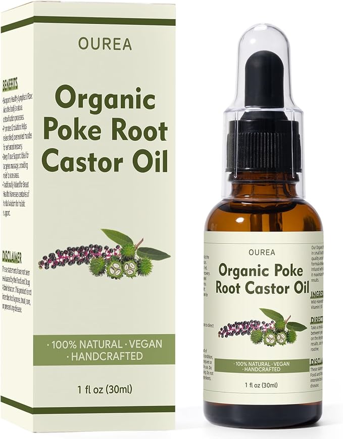 Organic Poke Root Castor Oil – 1 Fl Oz (30ml) Natural Lymphatic Support Massage Oil, Soothing Relief for Cysts, Boils, Breast, Fibroids, Swollen Lymph Nodes & Joint – Deep Tissue Drops