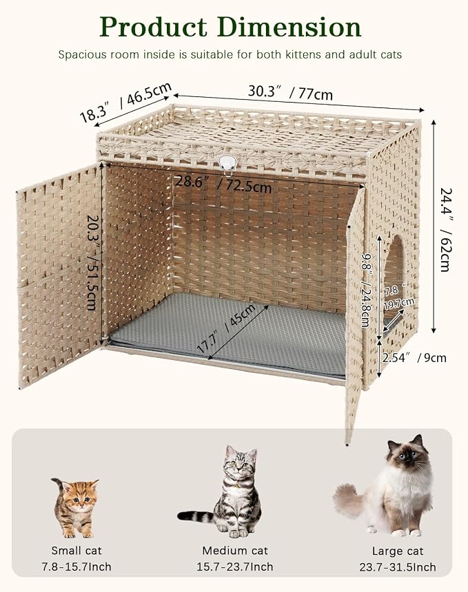 SETVSON Cat Litter Box Enclosure, XL Hidden PE Rattan, Light Khaki | Spacious Double Door PE Rattan, Spacious Nightstand & Cat Perch with Double Doors, Fits Big Litter Tray,2 S-Hooks Metal Frame