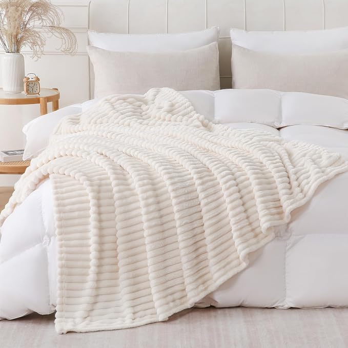 Cream White Throw Blanket for Couch Sofa 50x60 inches Striped Design | Fleece Blankets Room Home Decor Lightweight Plush Soft Cozy Gifts for Women Mom