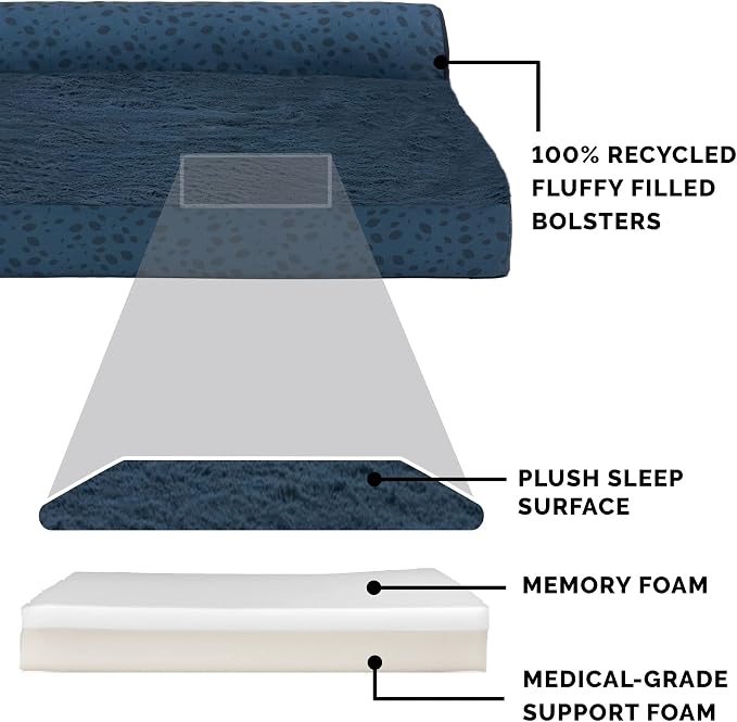 Furhaven Memory Foam Dog Bed for Large/Medium Dogs w/ Removable Bolsters & Washable Cover, For Dogs Up to 55 lbs - Plush & Almond Print L Shaped Chaise - Blue Almonds, Large