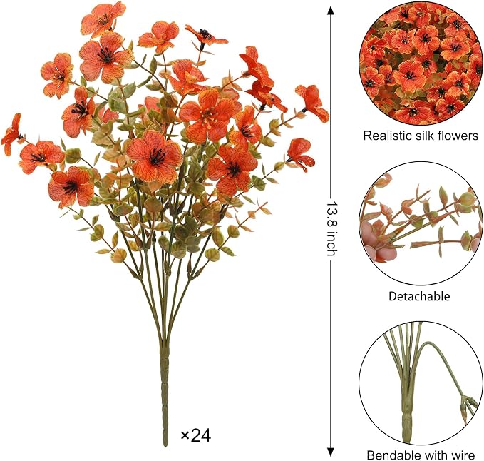 24 Pcs Artificial Fall Flowers, Fake Mums Outdoors, Fall Orange | Lifelike faux mums, silk flower, UV resistant, no-maintenance, for autumn Thanksgiving garden porch yard indoor outdoor decor