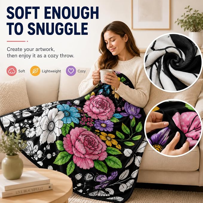 VEELU DIY Coloring Blankets with 24 Colors Markers for Adults | Custom Color In Your Own Blankets With 24 Colors Markers, Snuggle Color Sketch Washable Blankets Kit Home Decor