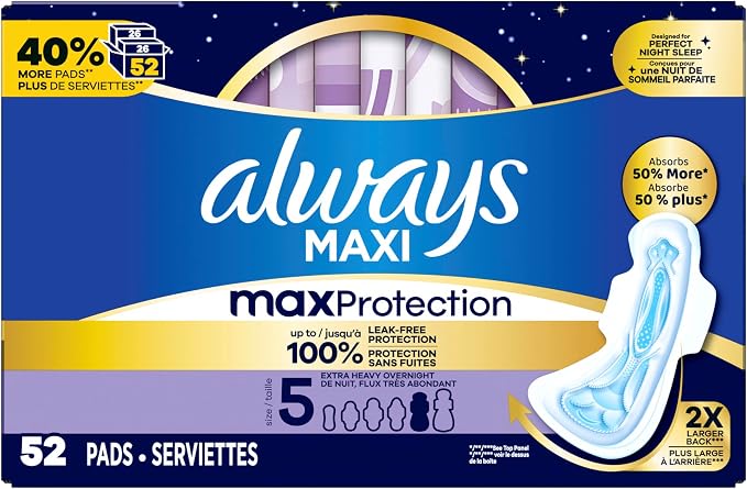 Always Maxi Overnight Feminine Pads with Wings for Women, Size 5, Extra Heavy Overnight Absorbency, Unscented, Up to 100% Leak-Free Protection, 52 Count