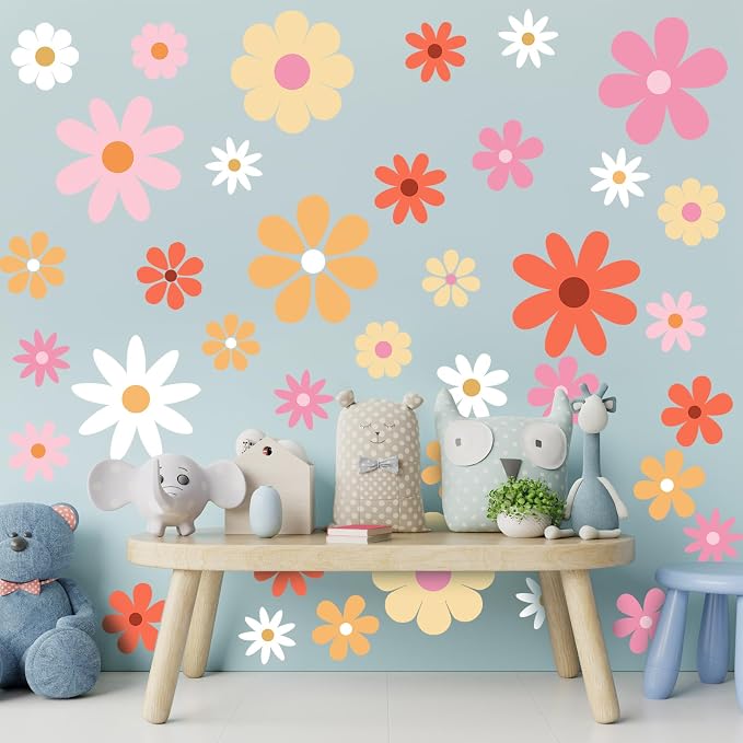 TaoBary 12 Sheet Daisy Wall Sticker Decal,Bright Color,Bright Style | Big Flower Wall Sticker, Pink White Floral Decal, Daisy Bedroom Room Decor, Removable Peel and Stick, Nursery Home Wall Decor