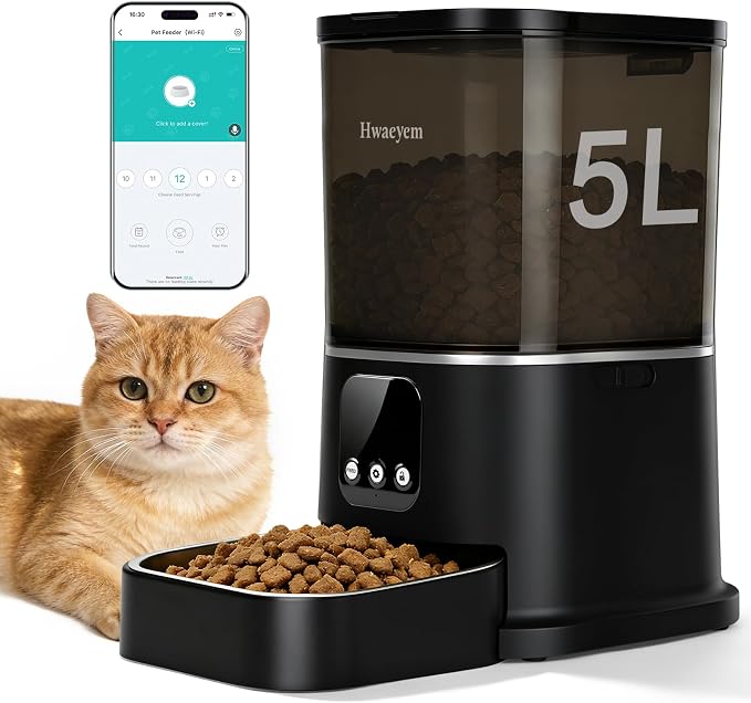 Automatic Cat Feeder, WiFi Cat Feeder Automatic with App Control for Remote Feeding, 5L Anti-Jamming Automatic Feeder Cat Dry Food, Dual Power Supply with Desiccant Bag Indoor