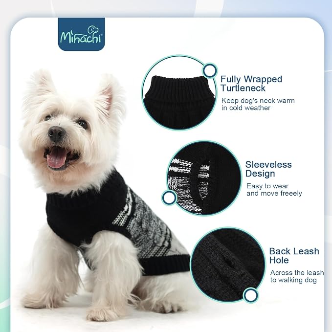 Mihachi Dog Sweater for Small Medium Dogs, Soft Warm Shirt, Cold Weather Coat Turtleneck Knitted Pullover Clothes With Leash Hole for Large Cat Puppy Pet, Black SM