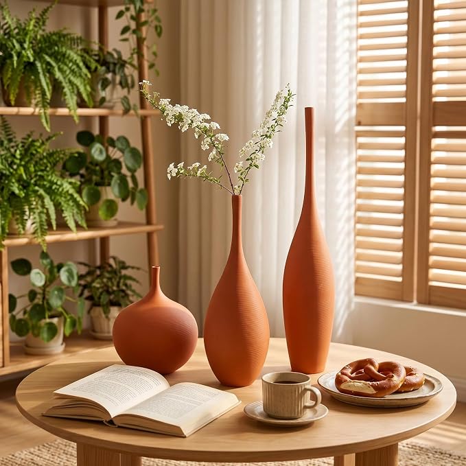 Ceramic Vases Set of 3, Modern Boho Vases for Centerpiece Decor, Matte Terracotta Brown Minimalist Decorative Vases for Home Decor, Living Room, Bookshelf, and Entryway Table Decor