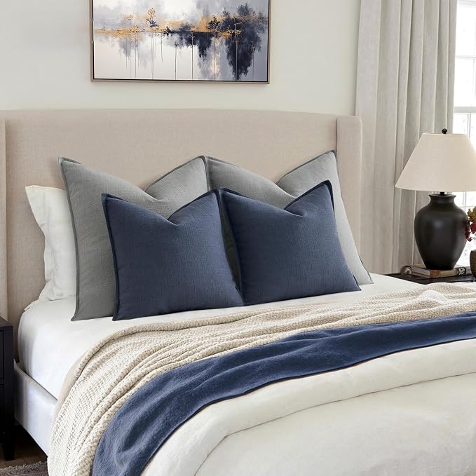 MIULEE Thick Textured Navy Blue Decorative Throw Pillow Covers 18x18 Inch | Set of 2, Linen Blend Pillow Cover, Flange Edge Design, Farmhouse Modern Boho Style, Bed Couch Living Room Decor