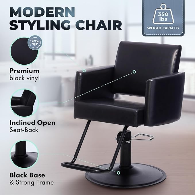 Buy-Rite Onyx Modern Black Hair Stylist Chair for Professional Salons, Open Back, Inclined Seat, Rounded Arms, Premium Vinyl Upholstery, Durable Steel Frame & Footrest, NIN-6610